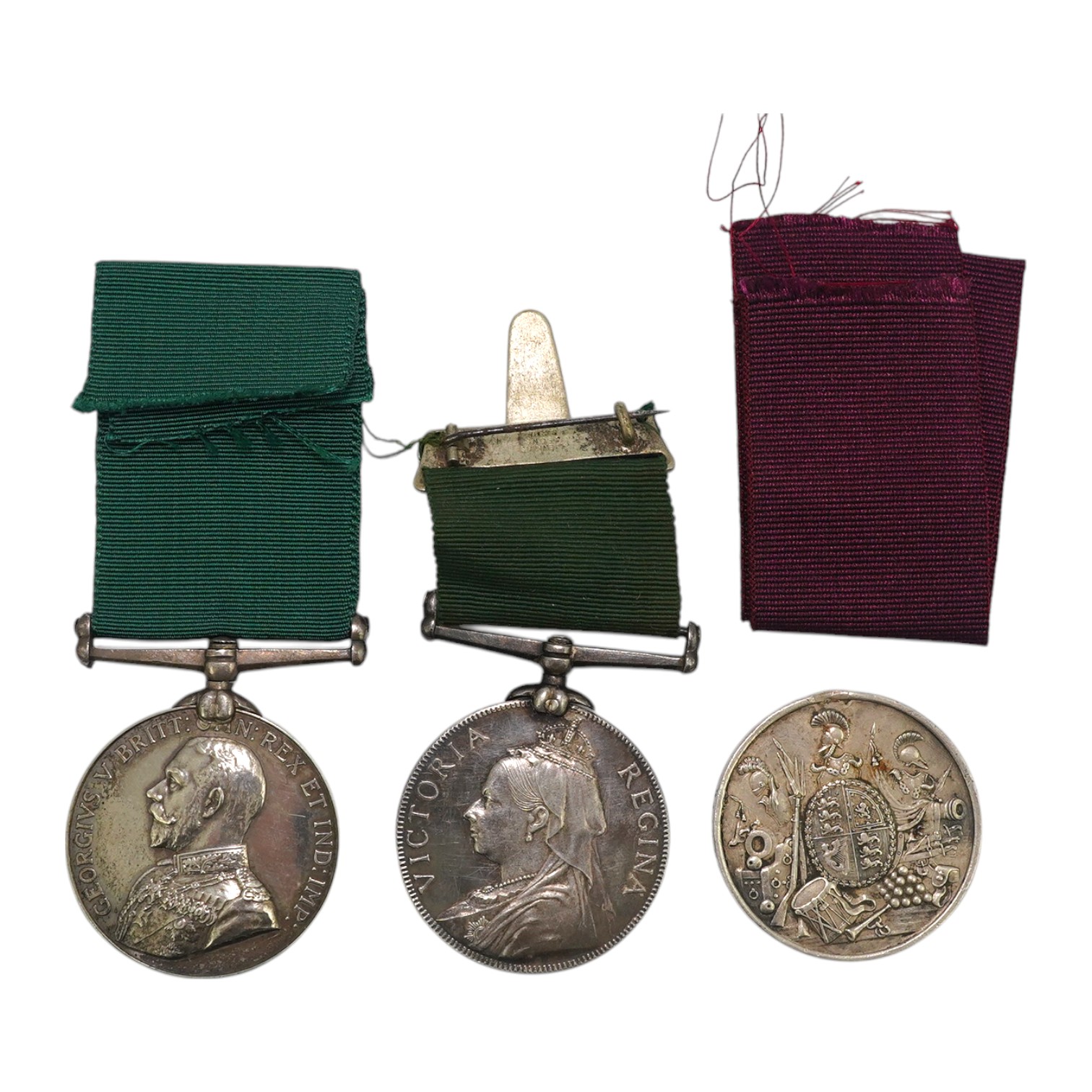 Three LSGC medals; Vict LSGC disc only to 3448 Pens'd Gnr John French Coast Bde R.A.; Vict Volunteer Long Service medal (renamed) to Sergt-William Appleby- 2nd V.B.Glouc-Regt; GV Volunteer Long Service medal to Pte.G.F.H